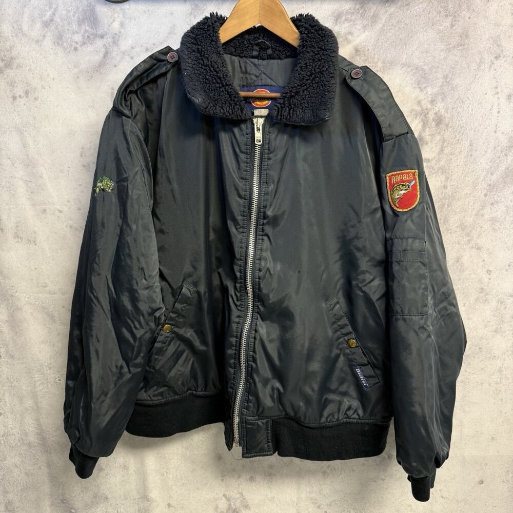 Vintage Dickies Bomber Jacket Faux Fur Mens XL Navy Blue Nylon Fishing 27x26.5
